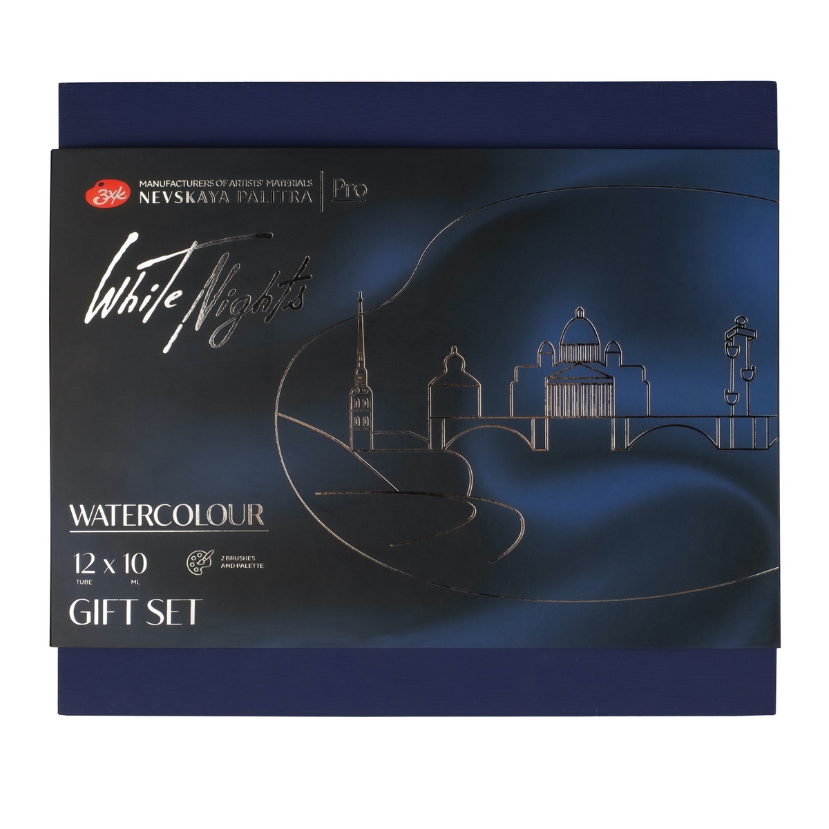 Watercolour set "White Nights", porcelain palett, brushes, blue wooden box